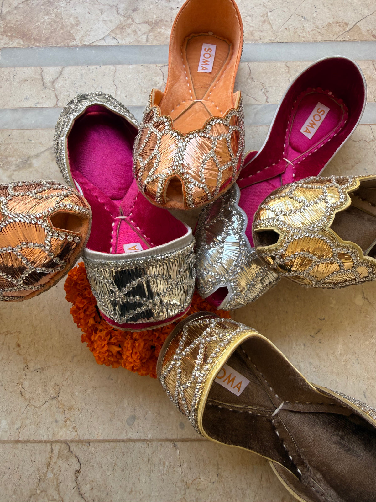 Hand-set mukesh work on SOMA RAUNAK peep-toe khussa
