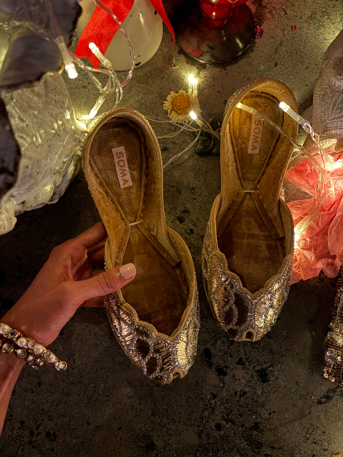 Hand-set mukesh work on SOMA RAUNAK peep-toe khussa