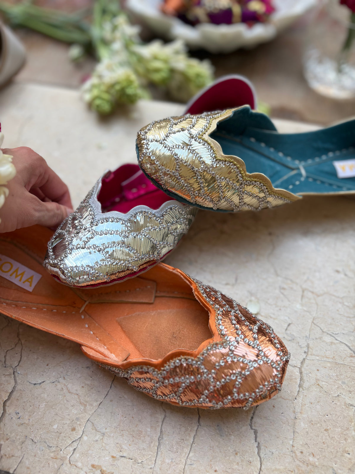 Raunak scalloped mukesh khussa in gold, handmade by SOMA