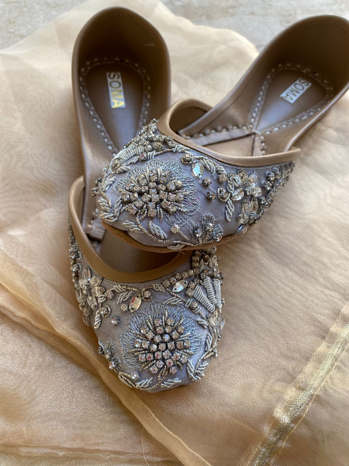 Silver Stone embellished khussa, handmade by SOMA